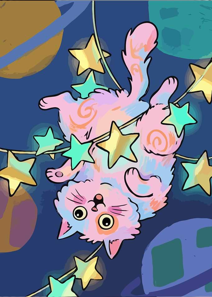 Cute Cat with Star Garland in Space