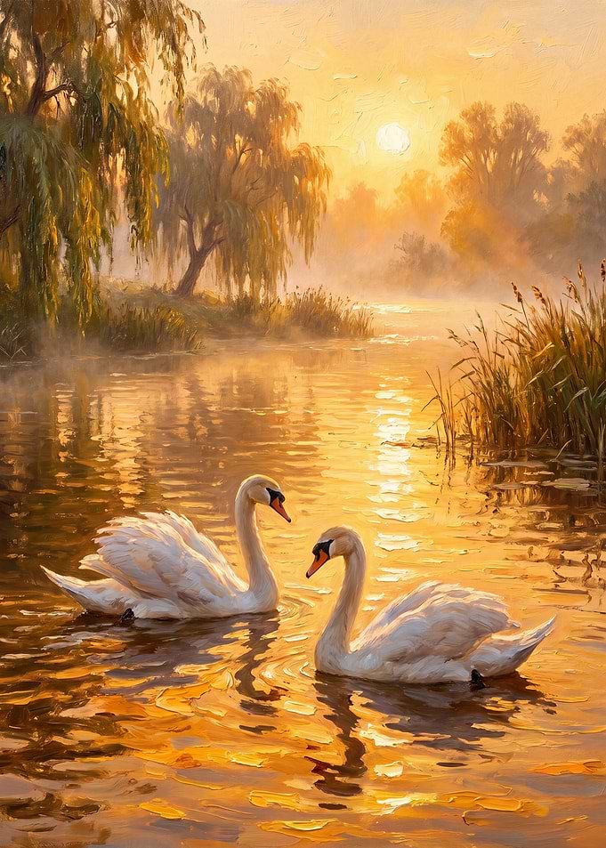 Swans on a Misty Lake at Sunrise