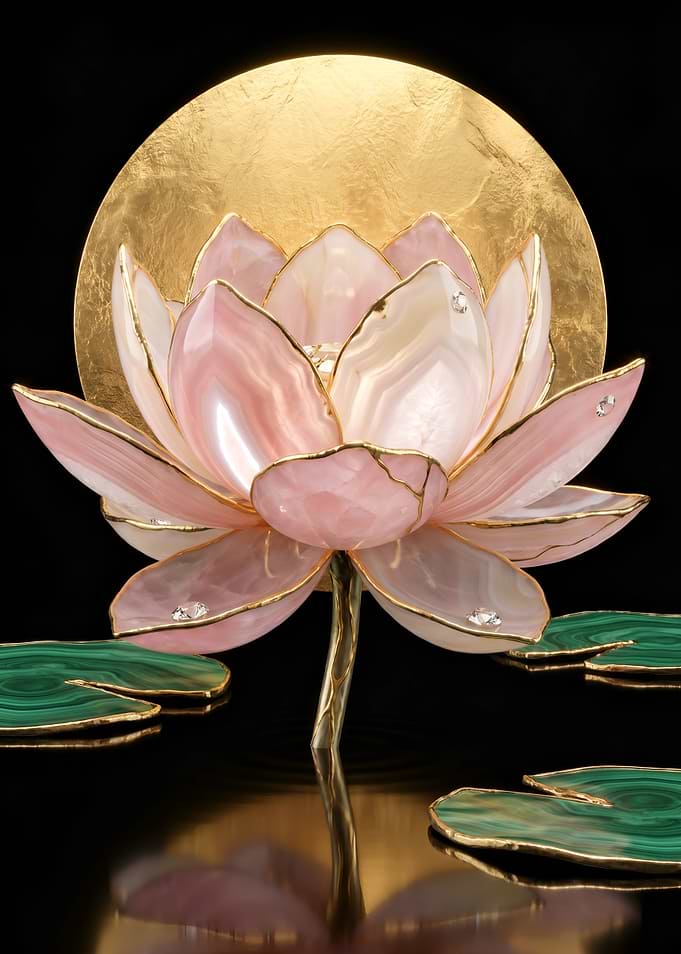 Agate Lotus Flower Sculpture Golden Moon