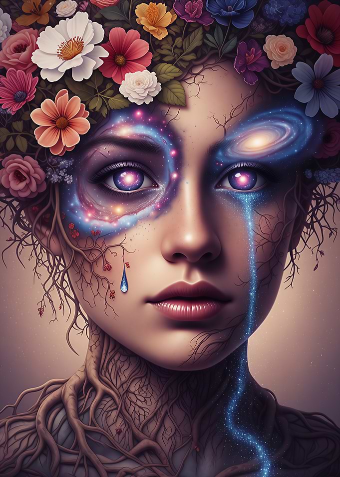 Surreal portrait with floral hair and galaxy eyes – vibrant dreamlike digital art
