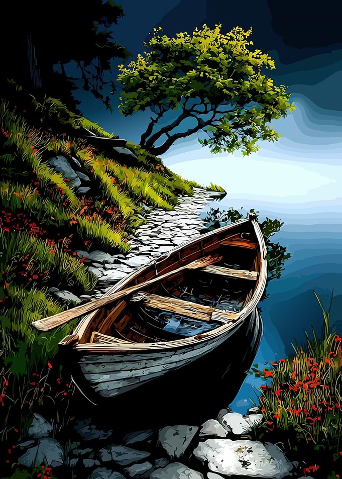 Rowboat on a rocky shore