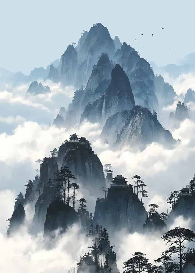 Misty Mountain Peaks with Ancient Temples