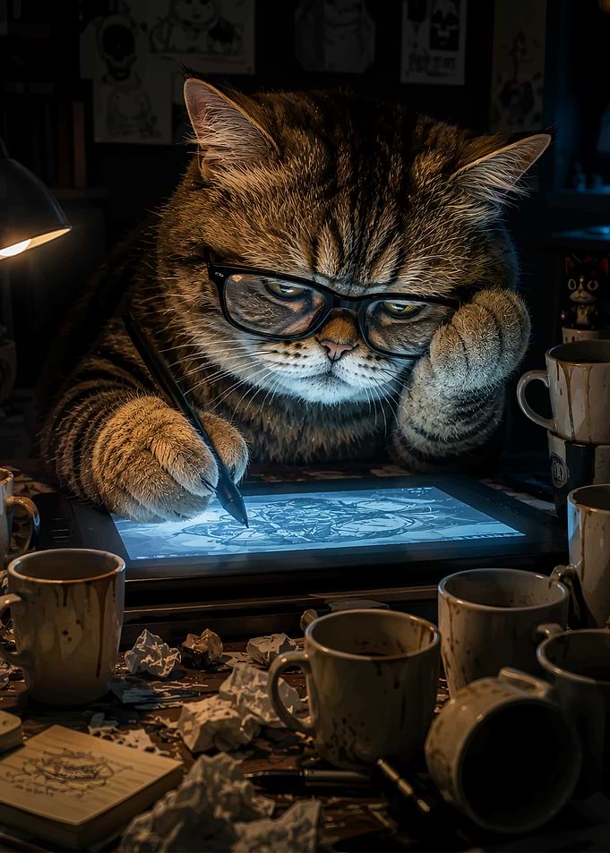 Cat Artist Working Late