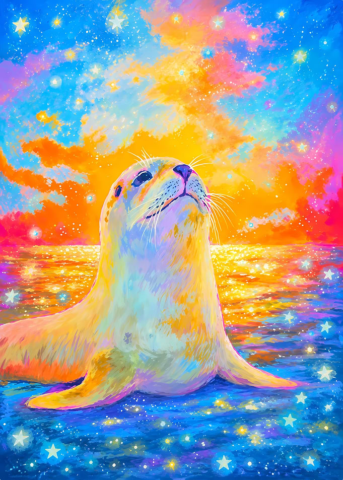 Seal in a Starry, Colorful Sky