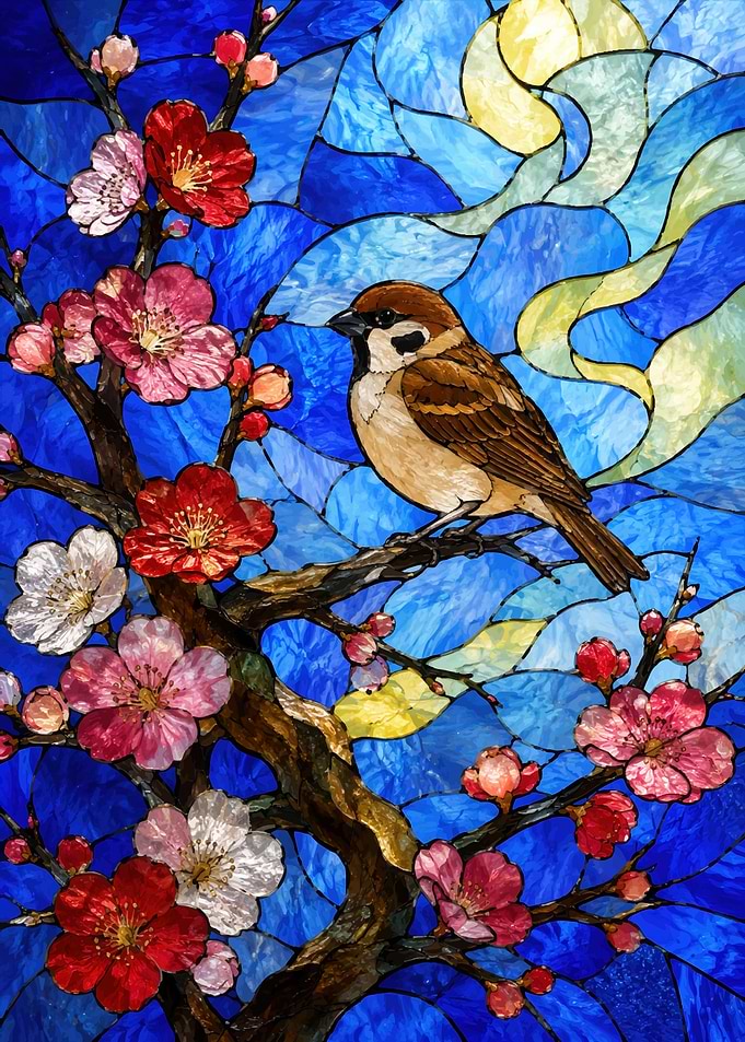 Sparrow on a Blooming Branch
