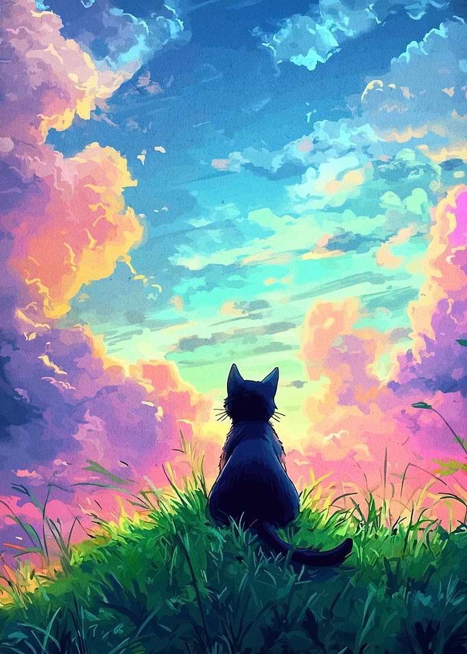 Black Cat Gazing at Sunset Sky
