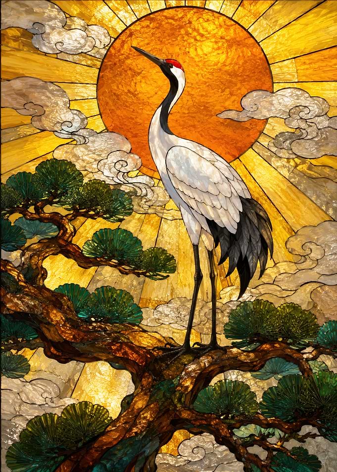 Stained Glass Crane and Sun