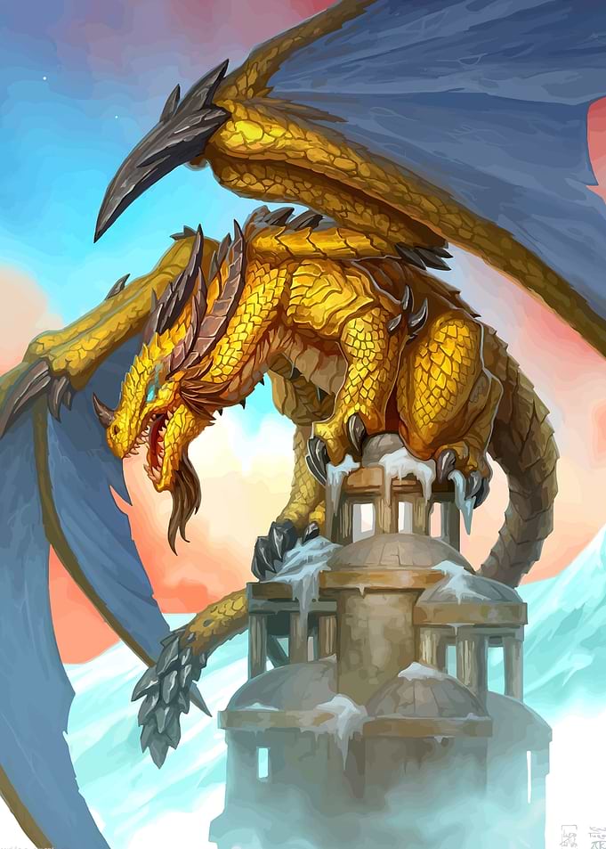 Golden Dragon on Snowy Tower