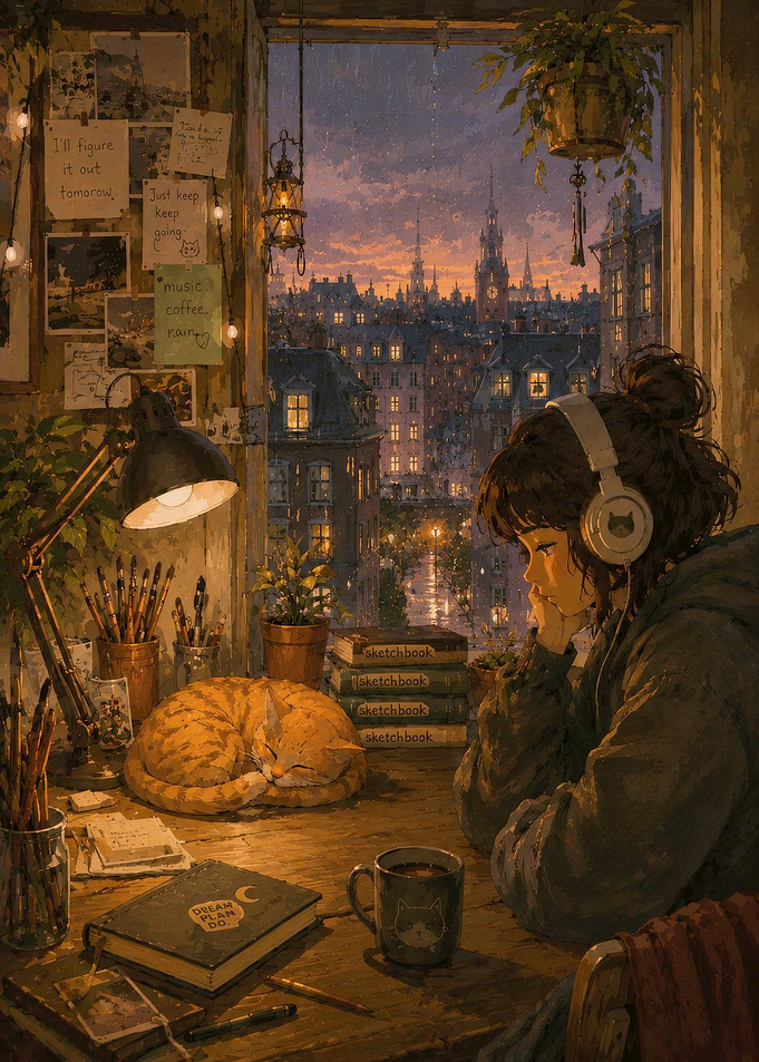 Cozy Rainy Evening Study Scene