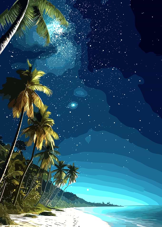 Tropical Beach Under Starry Night Sky