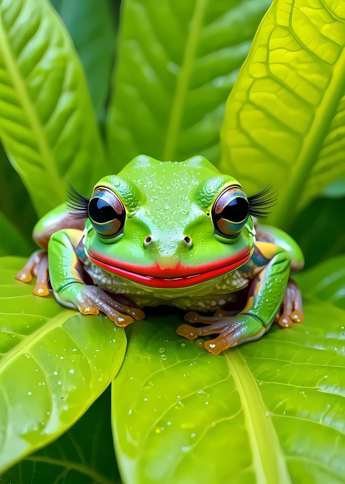 Cute Frog with Eyelashes on Leaves