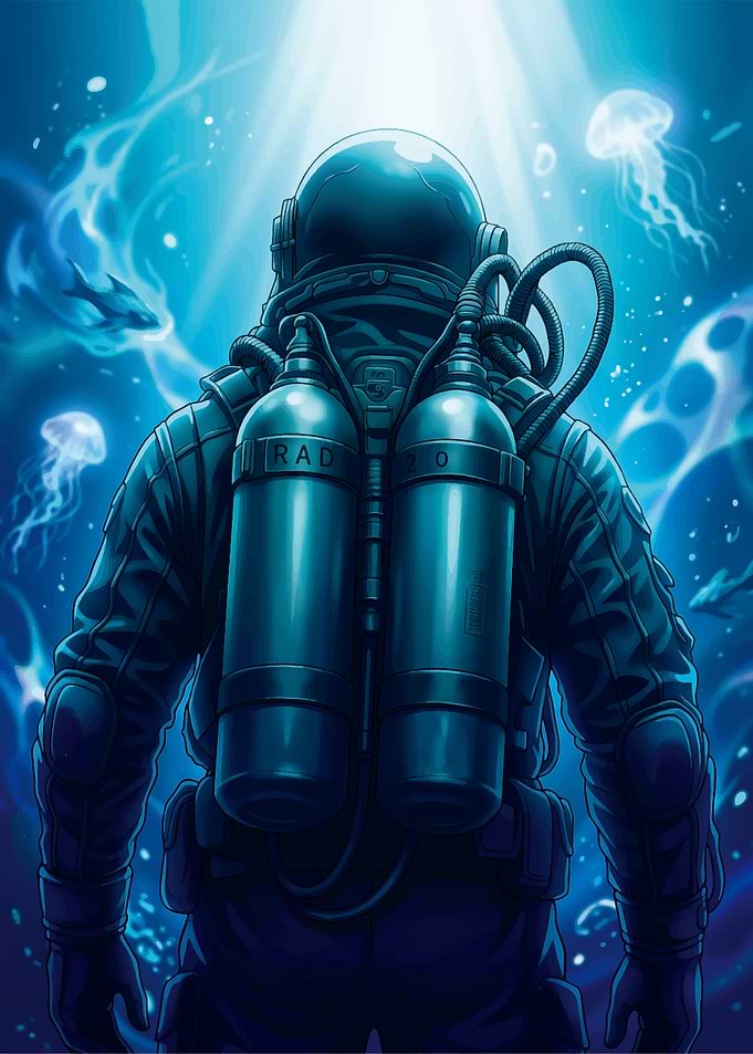 Scuba Diver in Deep Blue Ocean