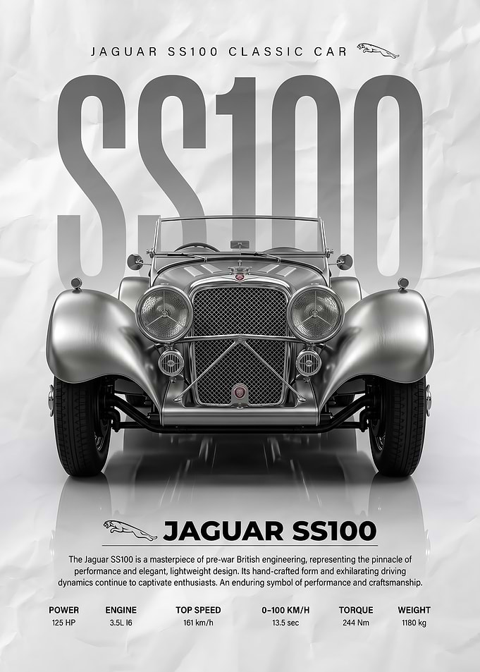 silver vintage Jaguar SS100 Classic Car
