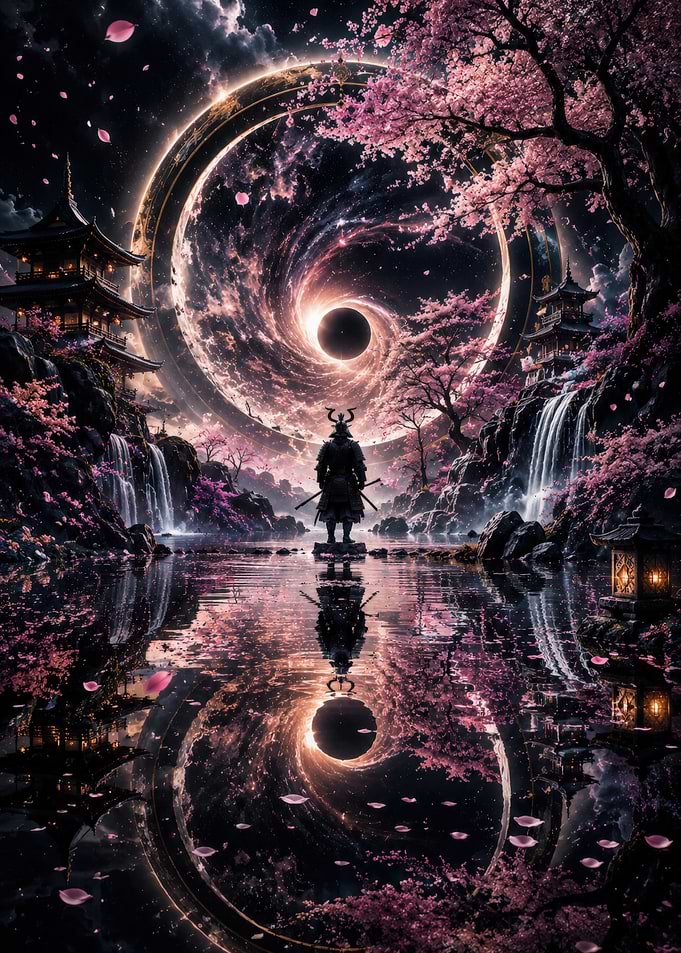 Samurai in a Cosmic Cherry Blossom Landscape