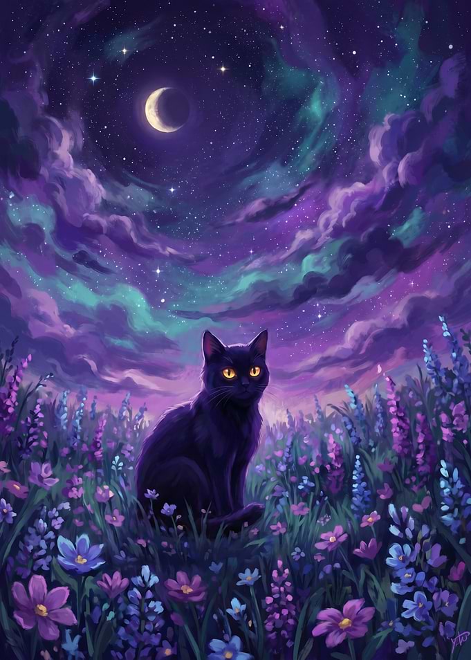 Black Cat in a Starry Floral Field