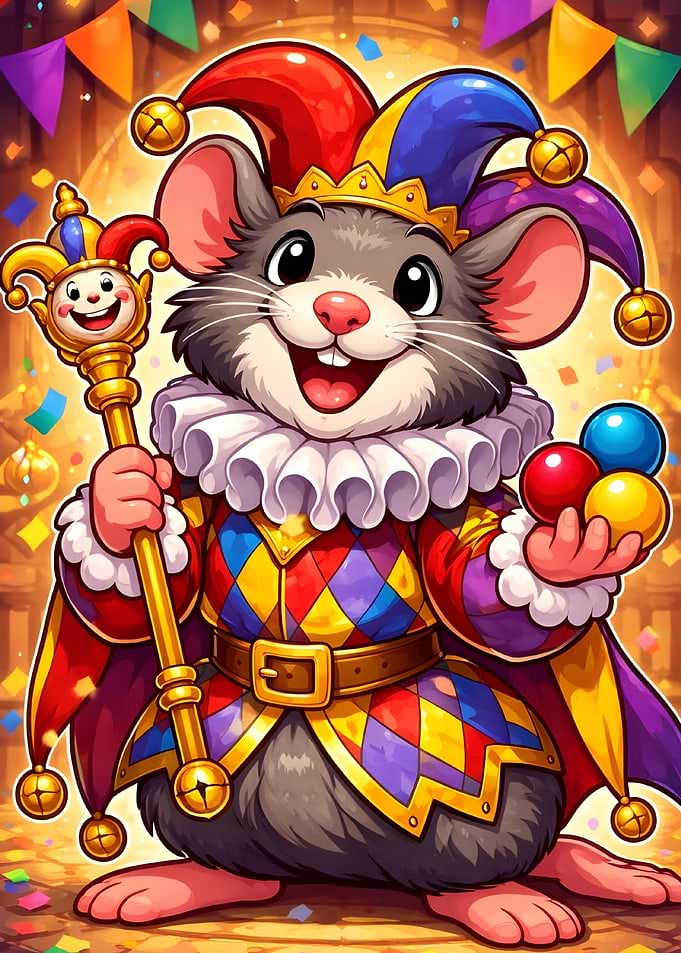 Jester Mouse Holding Jester Staff and Balls