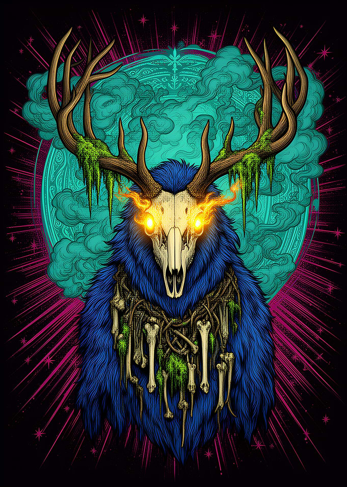 Mystical Forest Spirit with Antlers and Bones