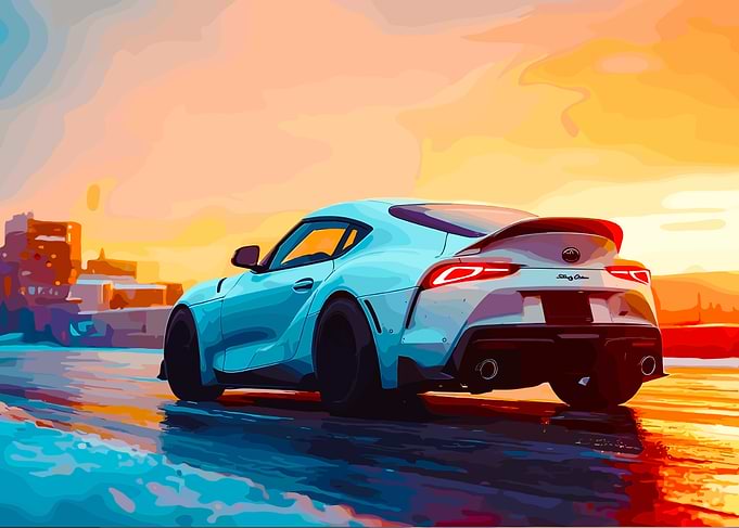 Toyota Supra on Wet Road at Sunset