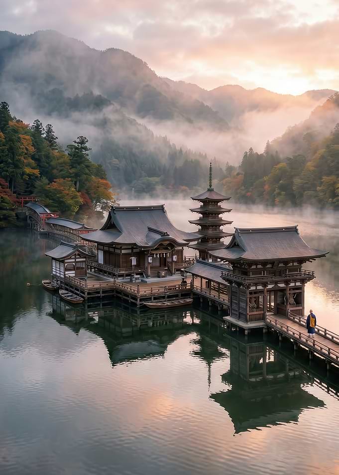 Misty Japanese Temple on Lake