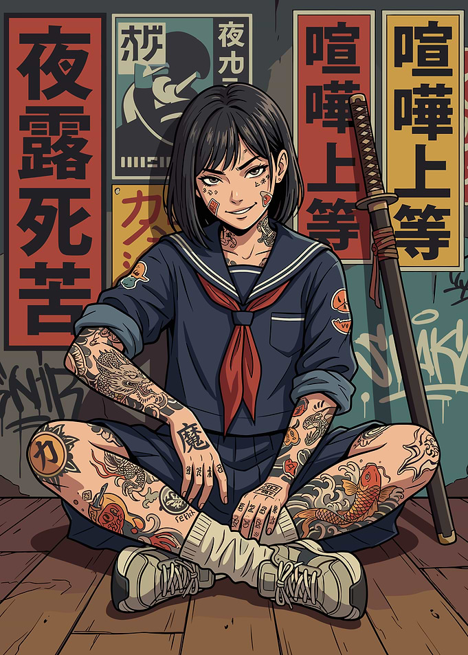 Tattooed Anime Girl with Katana
