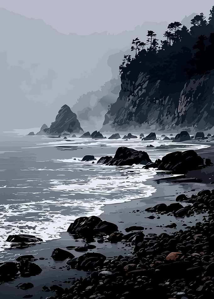 Misty Coastal Landscape with Rocky Shore