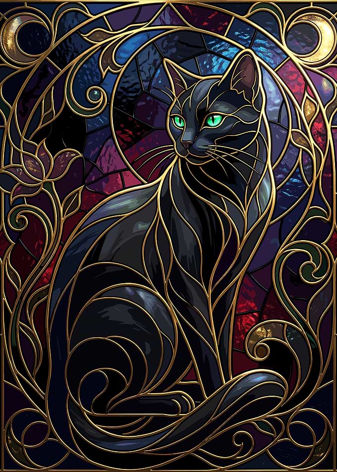Stained Glass Black Cat with Green Eyes