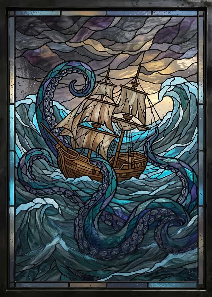 Kraken Attacks Sailing Ship in Stormy Seas