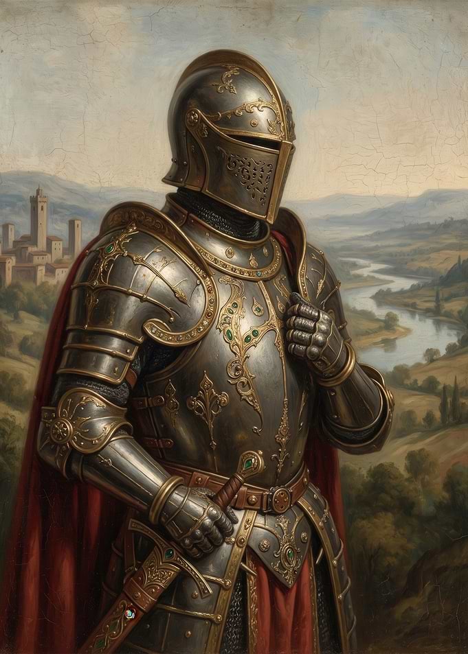 Knight in Ornate Armor with Landscape Background