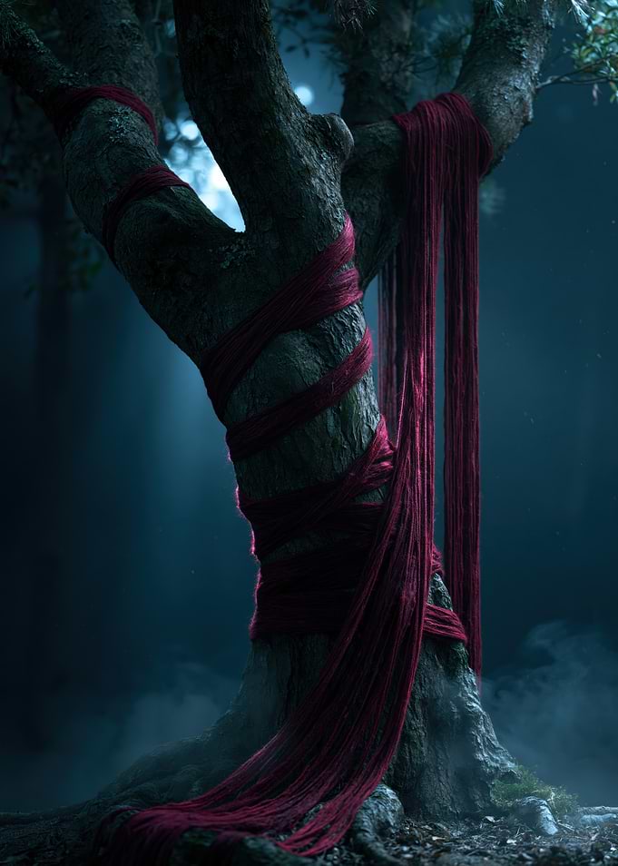 Tree Wrapped in Red Fabric