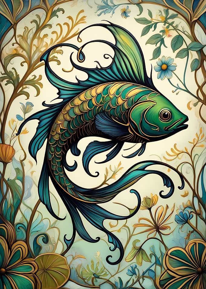 Art Nouveau Fish with Floral Border