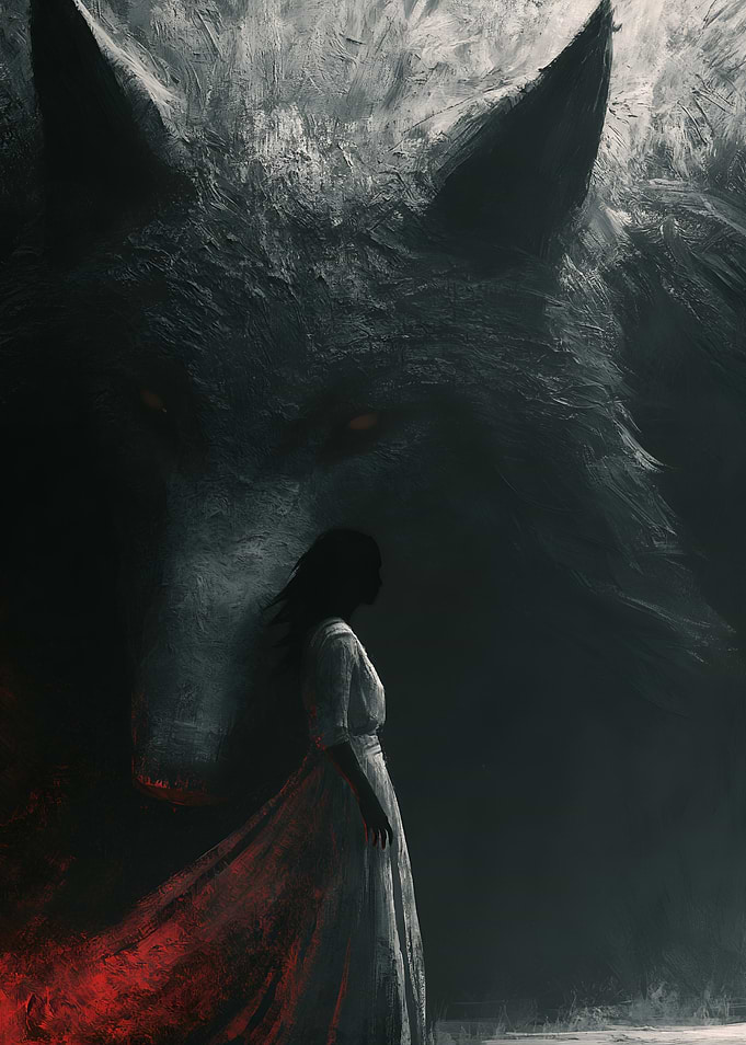Girl Facing Giant Wolf