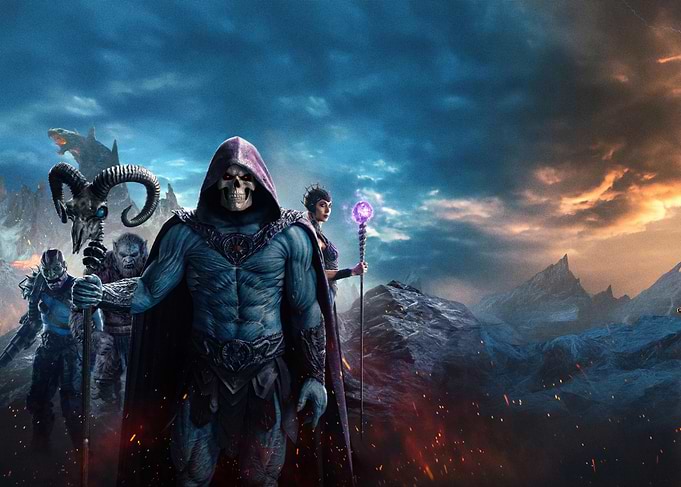 Skeletor and his allies in a fantasy landscape
