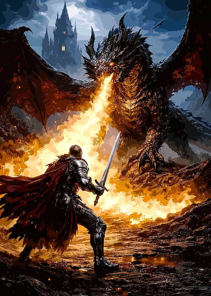 Knight Fights Dragon in Fiery Battle