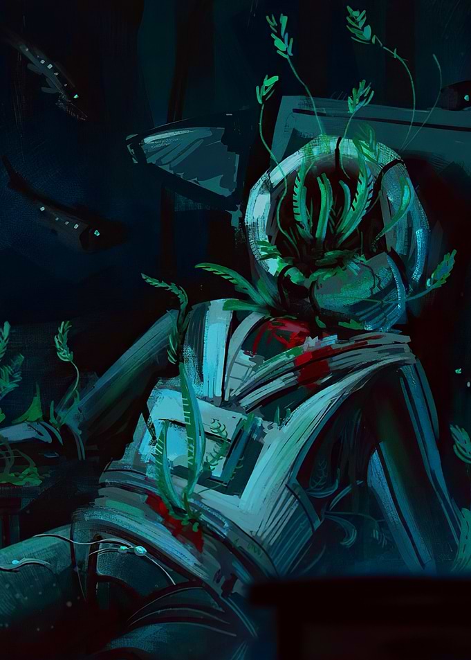 Astronaut suit overgrown with plants