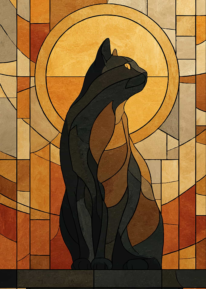 Stained Glass Black Cat with Sun