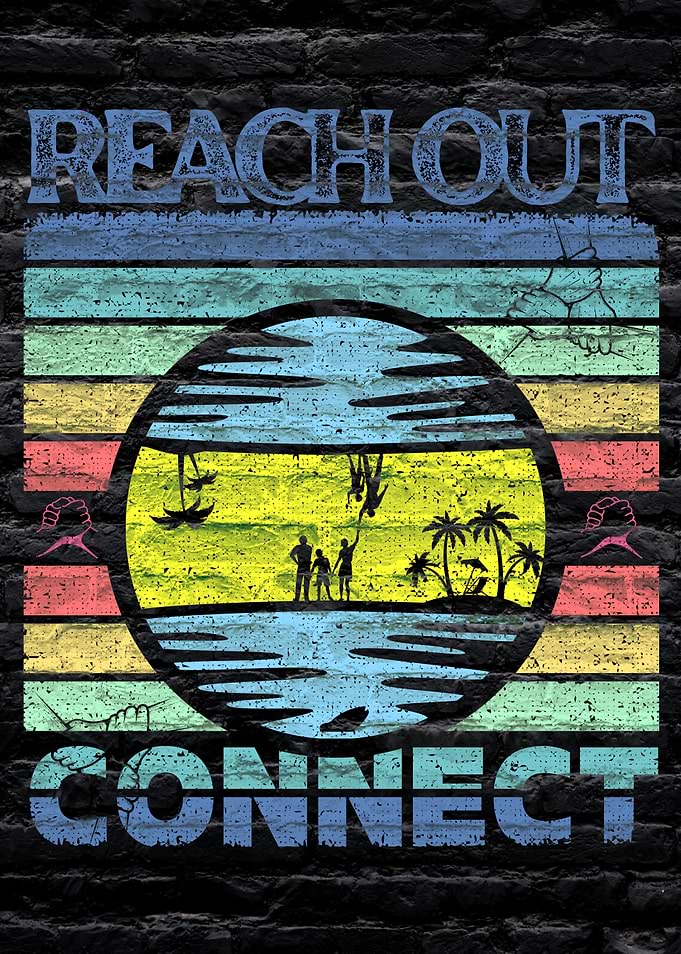 Reach Out Connect Retro Sunset Graphic on a dark Brick Wall background