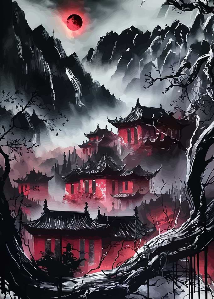 Mystical Asian Pagodas Under a Blood Moon