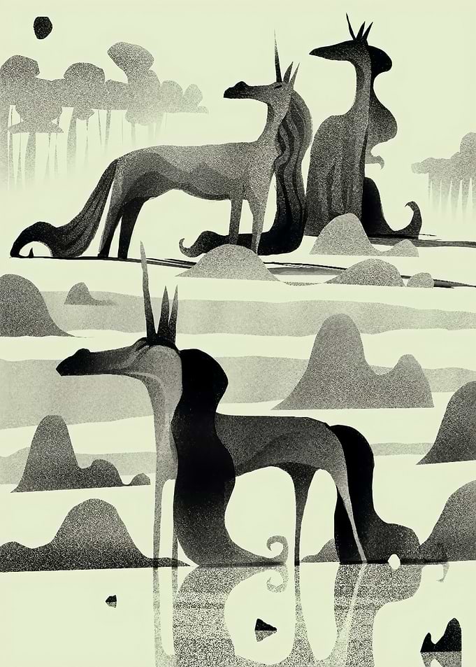 Mythical Creatures in a Dreamlike Landscape