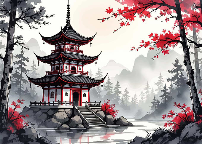Japanese Pagoda by Water