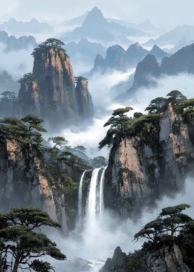 Misty Mountain Waterfall Landscape