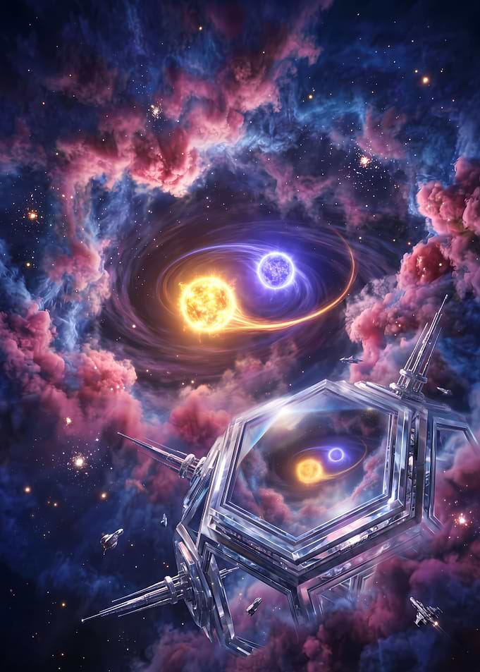 Cosmic Nebula with Binary Stars and Space Station