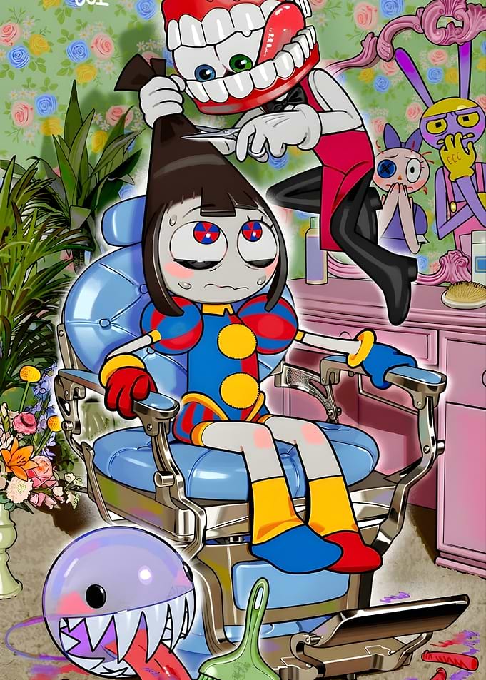 Surreal Haircut Scene with Cartoon Characters