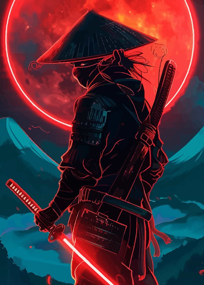 Samurai Warrior Under a Red Moon