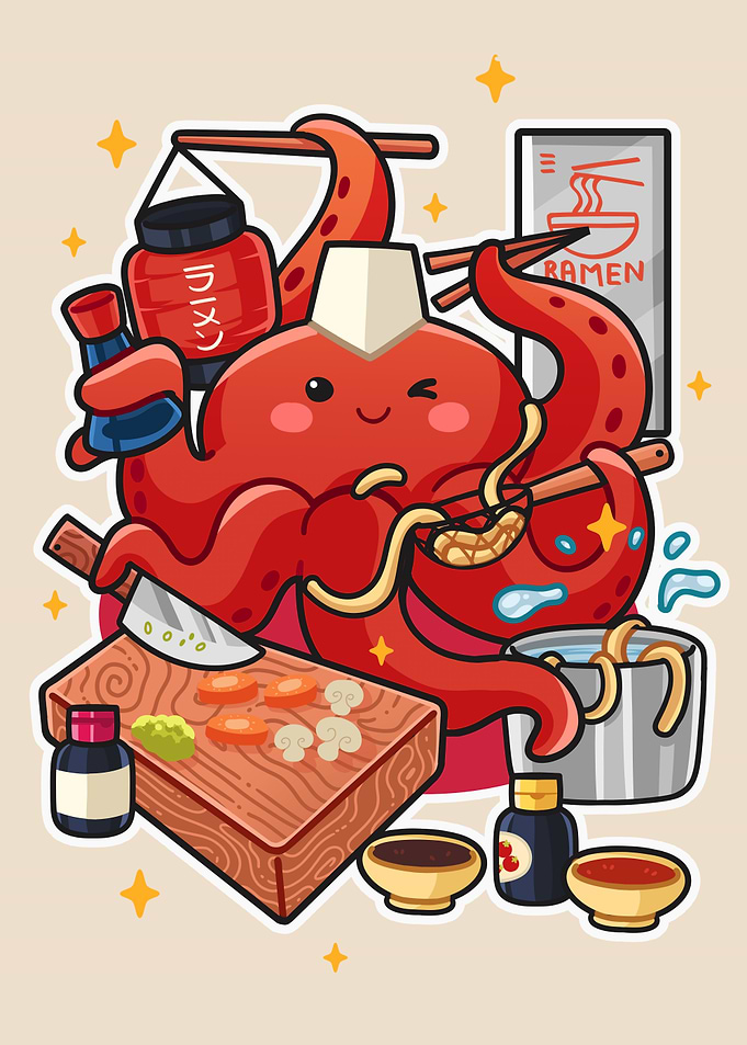 Cute Octopus Chef Making Ramen