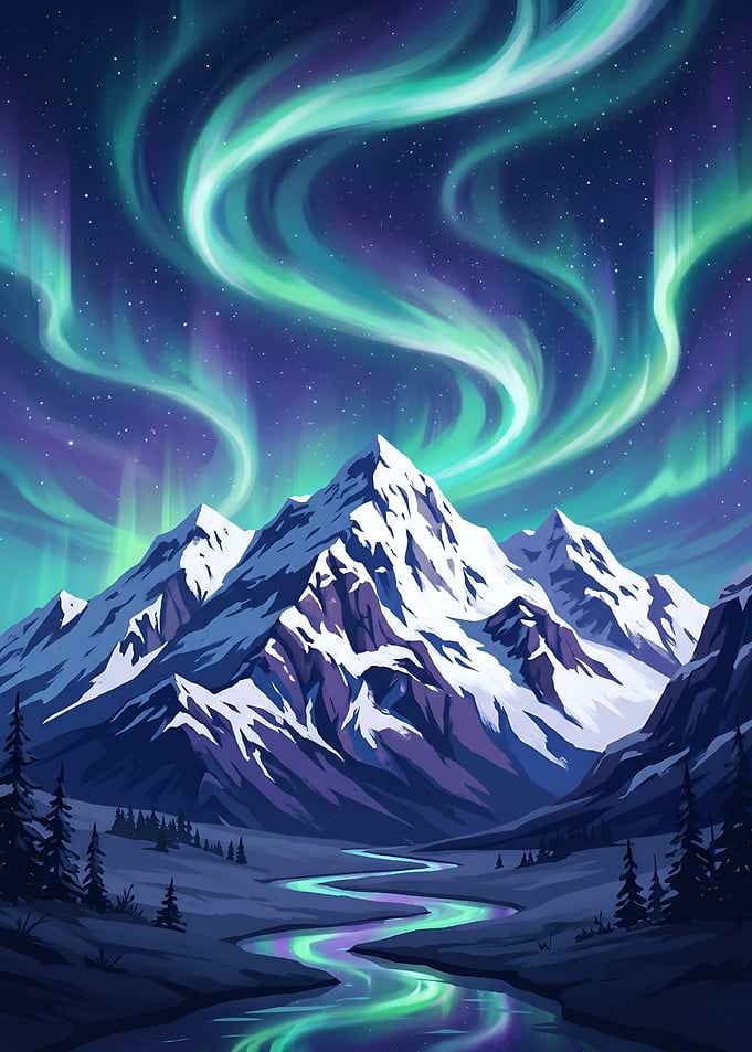 Majestic Aurora Over Snowy Mountain Peaks