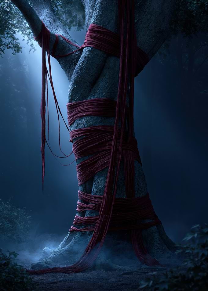 Mysterious Tree Wrapped in Red Fabric