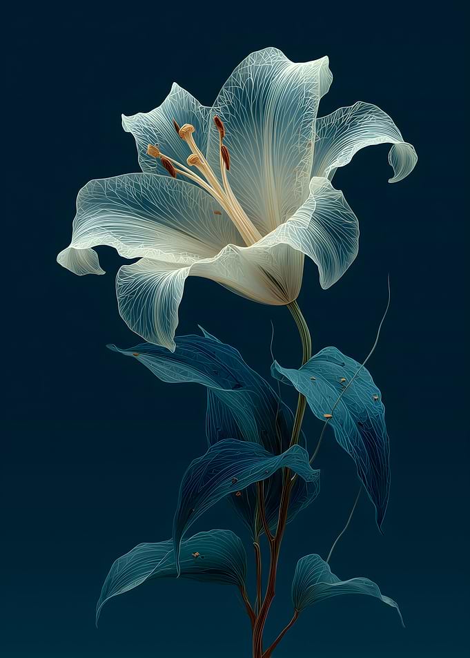 Ethereal White Lily on Dark Blue Background
