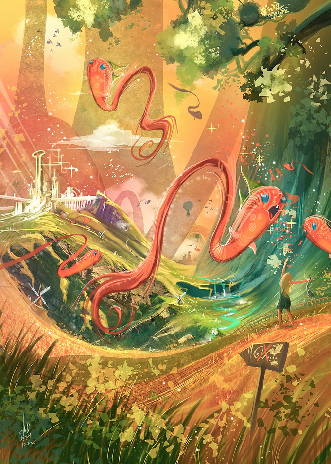 Whimsical Fantasy Landscape with Flying Red Fish Creatures