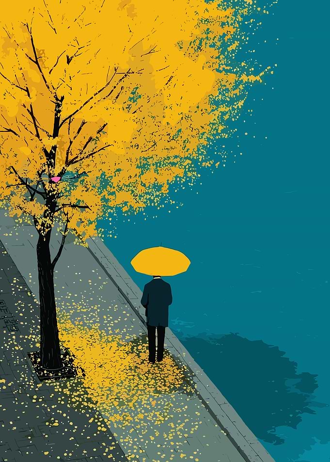 Person with Yellow Umbrella in Autumn