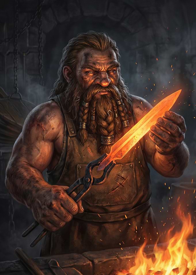 Dwarf Blacksmith Forging a Blade